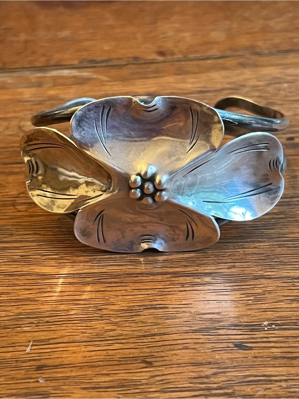 Handcrafted Floral Metal Cuff Bracelet in Sterling Silver Vintage